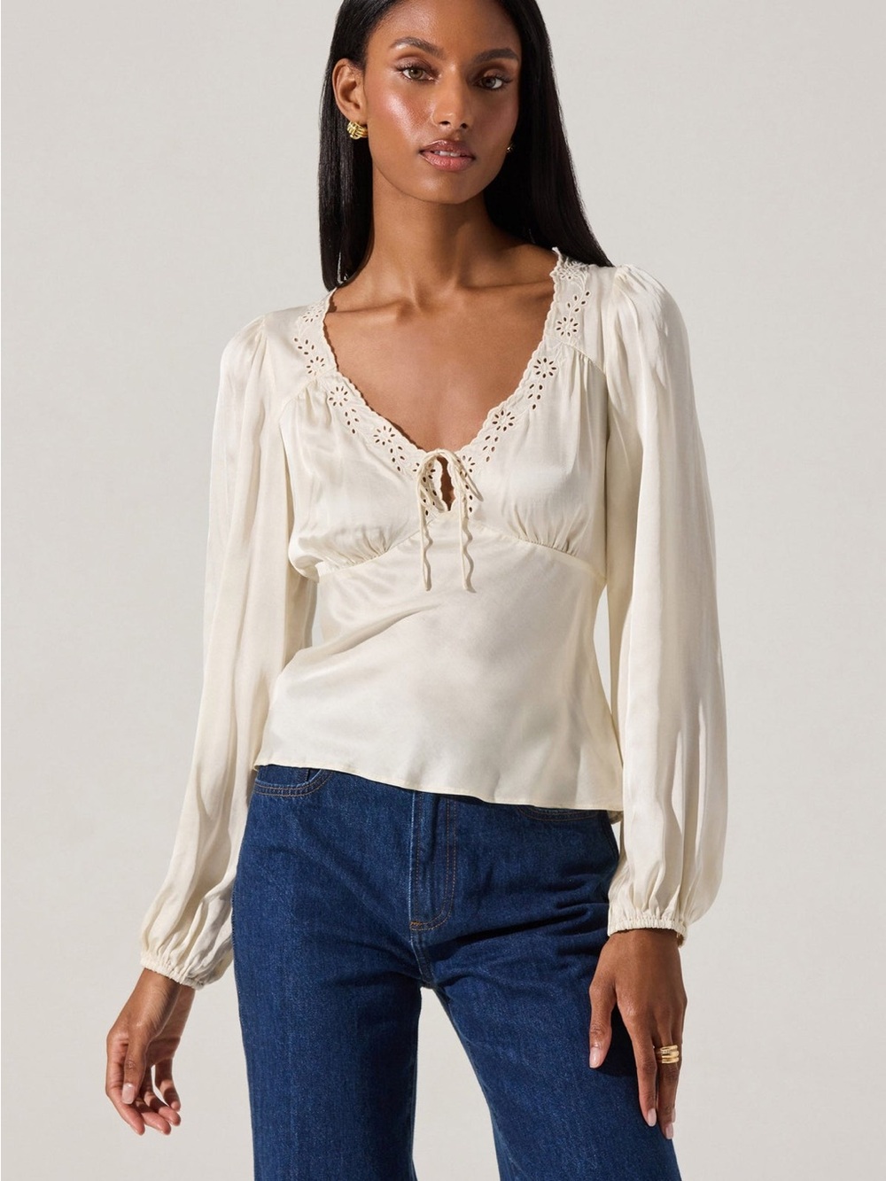 ASTR The Label Roya Eyelet Trim Satin Top